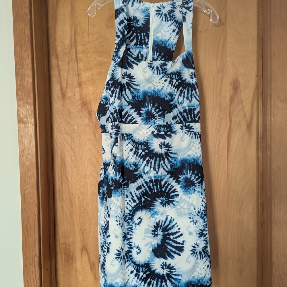Kyodan Blue and White Patterned Athleisure Dress with Built In Bra and Pockets